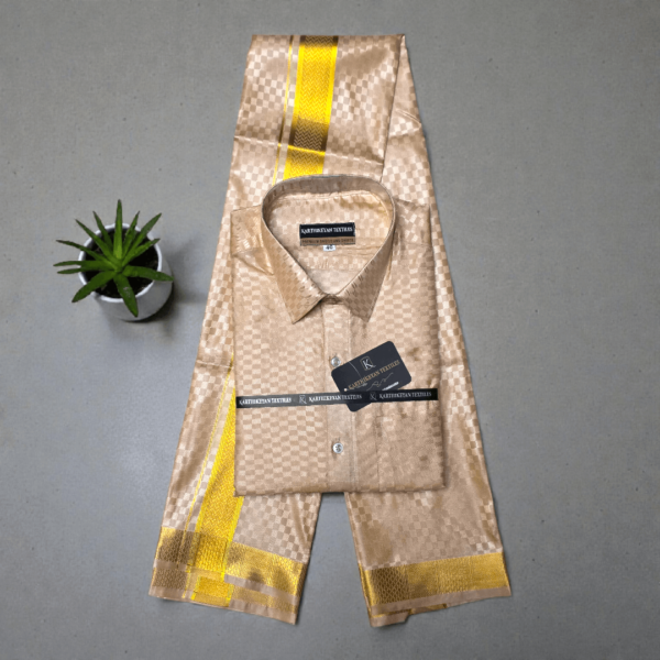 Mens Japan Silk Checks Pattern Embossed Dhoti & Shirt Combo