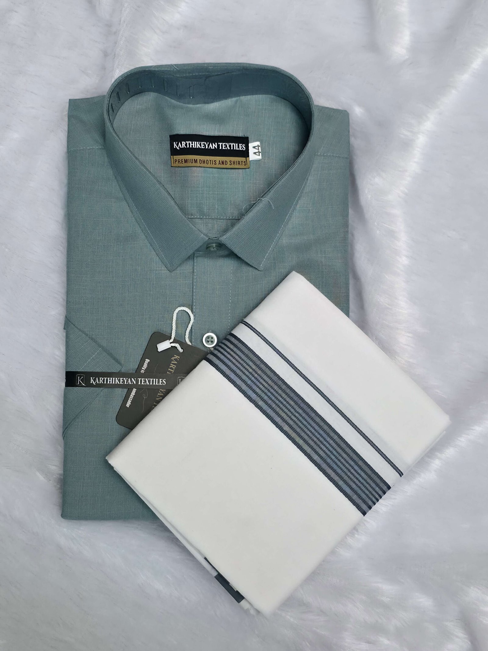 Bluish Grey_ Cotton Shirt & Dhoti Matching Combo Set - Bluish Grey - Image 1