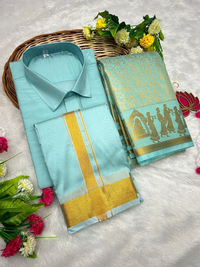 IMG-20260225-WA0101 Couple Combo Art Silk - Pastel blue Gold Combo - Image 1