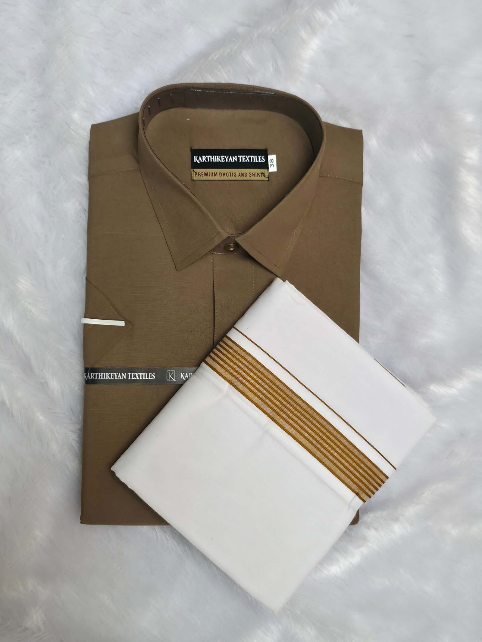 Khaki Cotton Shirt & Dhoti Matching Combo Set - Khaki - Image 1