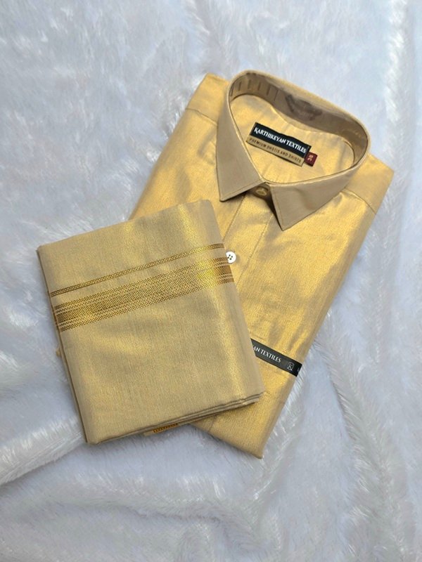 Tissue plain jari dhoti shirt gold(3) Mens Tissue Plain Jari Combo - Gold - Image 1